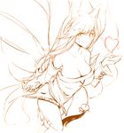  ahri animal_ears bare_shoulders breasts cleavage detached_sleeves facial_mark fox_ears fox_tail heart highres korean_clothes large_breasts league_of_legends light_smile long_hair looking_at_viewer monochrome multiple_tails silver_(chenwen) simple_background sketch solo tail whisker_markings white_background 