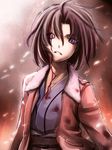  bleeding blood blood_on_face brown_hair fur-trimmed_jacket fur_trim glaring highres jacket japanese_clothes kara_no_kyoukai kimono obi ryougi_shiki sash short_hair solo type-moon uraomote 