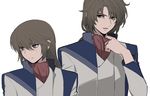  age_comparison brown_hair collar_tug dual_persona grey_eyes jacket long_hair long_sleeves looking_away minashiro_soushi multiple_boys open_mouth sawai_(shoa) scar simple_background soukyuu_no_fafner uniform white_background 