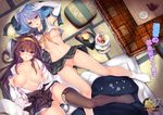  ahoge ass_visible_through_thighs blue_eyes blue_hair blush breasts breasts_apart brown_hair brown_legwear collarbone crop_top crop_top_overhang cup detached_sleeves double_bun elbow_gloves food futon gloves hairband hat headgear highres japanese_clothes kantai_collection kongou_(kantai_collection) kotatsu large_breasts long_hair looking_at_viewer lying md5_mismatch multiple_girls navel nipples no_bra no_panties nontraditional_miko obiwan on_back open_clothes parted_lips pussy pussy_juice ribbon-trimmed_sleeves ribbon_trim school_uniform serafuku shirt_lift skirt stomach sushi table tatami teacup teapot thigh_gap tiered_tray urakaze_(kantai_collection) white_gloves white_hat white_legwear 