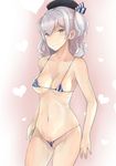  adapted_costume bikini blue_eyes blush breasts cameltoe kantai_collection kashima_(kantai_collection) large_breasts lawson looking_at_viewer micro_bikini navel silver_hair skindentation smile solo string_bikini swimsuit twintails underboob wavy_hair yamaioni_(sasakama) 