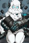  absurdly_long_hair armband blue_eyes boots braid drum_(container) gauntlets glasses glowing glowing_eyes hair_scarf headphones kantai_collection long_hair open_mouth oso_(toolate) pale_skin power_fist shinkaisei-kan solo supply_depot_hime very_long_hair white_hair 