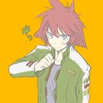  bad_id bad_pixiv_id blue_eyes blush bukiyama canon_memphis hand_on_own_chest jacket long_sleeves military military_uniform red_hair short_hair simple_background solo soukyuu_no_fafner uniform yellow_background 