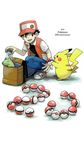  absurdres anniversary artist_request backpack badge bag baseball_cap black_hair brown_eyes can denim english gen_1_pokemon hat highres holding holding_poke_ball jacket jeans looking_at_another odd_one_out official_art open_clothes open_jacket pants pikachu poke_ball poke_ball_(generic) pokemon pokemon_(creature) pokemon_(game) pokemon_rgby premier_ball red_(pokemon) red_(pokemon_rgby) shoes smile sneakers substitute 