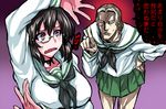  1girl arm_up breasts check_translation choker crossdressing fang ginga_eiyuu_densetsu girls_und_panzer glasses kawashima_momo large_breasts leaning_forward monocle ooarai_school_uniform paul_von_oberstein school_uniform serafuku short_hair surprised tears translation_request warainaku 