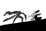  1girl berserk crossover dragonslayer_(sword) elsa_maria_(madoka_magica) greyscale guts huge_weapon long_hair mahou_shoujo_madoka_magica monochrome nemo_(nameless920) sword weapon witch_(madoka_magica) 