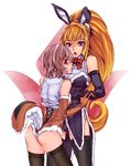  afurichin animal_ears ass atra_mixta bare_shoulders black_legwear blonde_hair bunny_ears bunnysuit elbow_gloves fake_animal_ears fake_tail gloves grey_hair gundam gundam_tekketsu_no_orphans highres interlocked_fingers kudelia_aina_bernstein long_hair multiple_girls open_mouth ponytail purple_eyes raccoon_tail red_eyes red_ribbon ribbon short_hair tail thighhighs very_long_hair white_background 