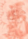  apron arm_behind_back ascot closed_eyes flandre_scarlet happy hat kirisame_marisa kokono_coco looking_at_viewer mob_cap monochrome multiple_girls one_eye_closed open_mouth puffy_short_sleeves puffy_sleeves red short_hair short_sleeves sitting smile touhou wings witch_hat 