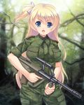  1girl aocchi blonde_hair blue_eyes female gun long_hair looking_at_viewer military_uniform original side_ponytail solo tree uniform weapon 