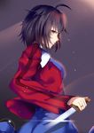  absurdres ahoge brown_hair fur-trimmed_jacket fur_trim highres jacket japanese_clothes jewelry kara_no_kyoukai kimono knife lucky_(1045044604) multicolored multicolored_eyes ring ryougi_shiki short_hair solo 