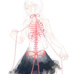  braid breasts closed_eyes hair_over_shoulder long_hair medium_breasts neck_ribbon original red_ribbon ribbon ribs single_braid sketch skirt solo spine vient white_hair x-ray 