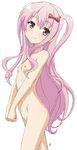  1girl blush breasts clenched_hands female from_side girlfriend_(kari) hair_ornament hair_ribbon hair_tie hands_together kagami_matsuri long_hair navel nipples nude pink_eyes pink_hair pubic_hair ribbon signature simple_background small_breasts smile solo two_side_up vzmk2 white_background 