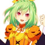  bad_id bad_pixiv_id bow braid choker crown_braid flower_knight_girl food_themed_clothes green_hair jack-o'-lantern knenj layered_sleeves looking_at_viewer orange_bow orange_choker pepo_(flower_knight_girl) red_eyes short_hair smile solo upper_body white_background 