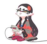  1girl aori_(splatoon) black_hair commentary_request game_boy hair_down handheld_game_console hanten_(clothes) inoue_seita link_cable official_art pants playing_games pointy_ears pokemon simple_background sitting solo splatoon_(series) splatoon_1 tearing_up tentacle_hair track_pants wariza white_background 