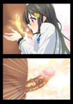  1girl bad_id bad_pixiv_id black_hair blue_eyes blush censored comic erection hair_ornament hetero inui_sanagi izumi_reina kiss long_hair mosaic_censoring musaigen_no_phantom_world penis profile solo_focus 