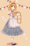 alice_margatroid apron bangs blonde_hair blue_dress card carrying cream curly_hair dress food fruit full_body hairband highres looking_at_viewer mary_janes pancake plate puffy_short_sleeves puffy_sleeves red_ribbon ribbon shoes short_hair short_sleeves silver_hair simple_background smile socks solo standing strawberry syrup touhou white_legwear yuki_201 