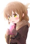  bell_(oppore_coppore) blush box brown_gloves brown_hair commentary_request folded_ponytail gift gift_box gloves highres inazuma_(kantai_collection) incoming_gift jacket kantai_collection long_sleeves open_mouth scarf shy solo upper_body valentine wavy_mouth winter_clothes yellow_eyes 