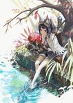  animal_ears backpack bag barefoot bird black_hair boots boots_removed bread capelet cat_ears eating food gloves goggles goggles_on_head green_eyes highres legs lily_pad original pine_(yellowpine112) ripples shoes_removed short_hair shorts sitting soaking_feet solo tail tree water 