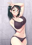  arm_up blush bra breast_hold breasts brown_eyes cleavage clenched_teeth glasses green_hair hips imada_kozue large_breasts navel original panties solo standing teeth underwear underwear_only wall 