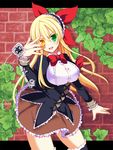  :d bad_id bad_pixiv_id blonde_hair bow brick_wall brown_skirt chuunibyou cowboy_shot eyepatch eyepatch_removed flower_knight_girl frills green_eyes hair_ribbon hairband heterochromia impossible_clothes ivy ivy_(flower_knight_girl) leaf letterboxed long_hair looking_at_viewer meme_attire nachisuke object_namesake open_mouth red_bow red_ribbon ribbon skirt smile solo underbust virgin_killer_outfit yellow_eyes 