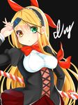  black_background blonde_hair bow candy candy_cane character_name chuunibyou cowboy_shot expressionless eyepatch flower_knight_girl food green_eyes hairband heterochromia impossible_clothes ivy_(flower_knight_girl) kkmm_0216 long_hair looking_at_viewer meme_attire red_bow red_skirt skirt solo underbust virgin_killer_outfit yellow_eyes 