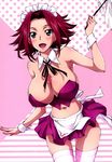  1girl alternate_costume apron blue_eyes blush breasts cleavage code_geass cover detached_collar enmaided female front_cover highres kallen_stadtfeld large_breasts maid maid_headdress midriff miniskirt no_bra open_mouth pink_legwear red_hair revealing_clothes skirt solo thighhighs waist_apron wrist_cuffs yuuki_homura 