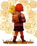  1other androgynous backpack bag blind boots brown_hair commentary directional_arrow flower flowey_(undertale) frisk_(undertale) from_behind highres shirt shorts striped striped_shirt undertale velocesmells 