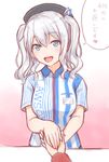  beret blue_eyes commentary_request employee_uniform ha-ru hat holding_hands kantai_collection kashima_(kantai_collection) lawson long_hair out_of_frame pov pov_hands silver_hair smile solo_focus translated two_side_up uniform 