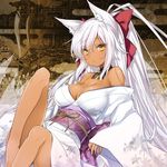  47agdragon animal_ears bare_shoulders barefoot blush bow breasts cleavage dark_skin detached_collar fox_ears hair_bow highres japanese_clothes kimono large_breasts long_hair long_sleeves looking_at_viewer obi original ponytail sash solo white_hair wide_sleeves yellow_eyes 