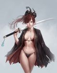  bikini bow collarbone dongho_kang hair_bow katana looking_at_viewer mouth_hold navel orange_eyes ponytail red_hair solo swimsuit sword traditional_clothes walking weapon wind 