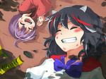  :d ^_^ ahoge black_hair blush closed_eyes commentary grin highres horns injury kapiten70 kijin_seija lying minigirl multicolored_hair multiple_girls on_back on_ground on_side open_mouth purple_hair red_hair smile streaked_hair sukuna_shinmyoumaru touhou white_hair 