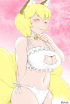  alternate_eye_color animal_ears arm_behind_back arm_up bell bell_collar blonde_hair bra breasts brown_eyes cat_lingerie collar cowboy_shot embarrassed floral_background fox_ears fox_tail frilled_bra frills highres jingle_bell large_breasts lips looking_down looking_to_the_side meme_attire multiple_tails navel outline panties pink_background shiny shiny_clothes shiny_hair short_hair side-tie_panties smile solo stomach string_panties sweatdrop tail thighs touhou underwear underwear_only yakumo_ran yellow_eyes yukaran_nosuke 