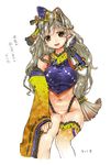  :d bare_legs brown_eyes crop_top detached_sleeves flower_knight_girl front-seamed_legwear fundoshi grey_hair hair_intakes hairband ichou_(flower_knight_girl) japanese_clothes long_hair looking_at_viewer low-tied_long_hair nail_polish navel open_mouth orange_nails seamed_legwear single_thighhigh smile solo thighhighs translation_request wamusato_haru white_background 