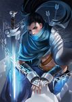  arrow black_eyes black_hair chain chained cuffs facial_scar gauntlets high_ponytail ice jeny_wang katana league_of_legends looking_at_viewer male_focus nose_scar ponytail scar shackles shoulder_armor solo spaulders sword weapon yasuo_(league_of_legends) 
