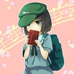  backpack bag beamed_eighth_notes black_hair blouse blue_eyes box cabbie_hat dark_haired_kappa flower gift gift_box hat kappa_mob musical_note piyodesu quarter_note ribbon short_hair shy skirt skirt_set solo staff_(music) touhou valentine 