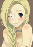  1girl bare_shoulders bianca black_eyes blonde_hair blush braid breast_press breasts cum cum_in_mouth cum_on_hair dragon_quest dragon_quest_v facial highres long_hair looking_at_viewer nude simple_background single_braid smile solo teitetsu_kishidan upper_body wink 