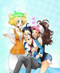  2girls ahoge baseball_cap bel_(pokemon) blonde_hair blue_eyes blush breast_press breasts brown_hair cheren_(pokemon) closed_eyes embarrassed glasses hat heart hug hug_from_behind jacket long_hair medium_breasts minto multiple_girls one_eye_closed pokemon pokemon_(game) pokemon_bw ponytail short_hair touko_(pokemon) wristband 