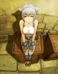  animal_ears cat_ears cat_tail final_fantasy final_fantasy_xiv gloves headband lionel_nakamura looking_up miqo'te sandals short_hair silver_eyes sitting smile solo tail white_hair 