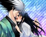  1girl blue_hair blush couple hetero japanese_clothes keizuki_suuri kimono long_hair multicolored_hair nura_rikuo nurarihyon_no_mago open_mouth scarf striped striped_scarf white_hair yellow_eyes yuki_onna_(nurarihyon_no_mago) 