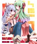  alternate_costume arm_support blacksmith_(ragnarok_online) blue_hair blush bow china_dress chinese_clothes cosplay detached_sleeves dress ex-keine frown fujiwara_no_mokou gradient_hair green_hair hair_bow hair_ornament high_heels hizukiryou horn_ribbon horns kamishirasawa_keine kneeling large_bow lavender_hair looking_back multicolored_hair multiple_girls no_shirt pants pocket professor_(ragnarok_online) ragnarok_online red_eyes ribbon shoes side_slit sitting suspenders touhou 