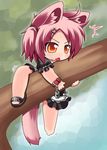  1girl :&lt; ahoge animal_ears barefoot bracelet brown_eyes cat_ears cat_tail chibi dress hair_ornament hairclip jewelry kuroneko_liger original pink_hair sandals shoes short_hair single_shoe solo sweat tail tree 