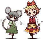  :&gt; animal_ears animal_print black_eyes blonde_hair blush capelet chibi daitai_konna_kanji dancing fang grey_hair hair_ornament hikimayu long_sleeves mouse_ears mouse_tail multicolored_hair multiple_girls nazrin short_hair simple_background skirt skirt_set standing standing_on_one_leg tail tiger_print toramaru_shou touhou two-tone_hair white_background wide_sleeves 