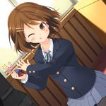  ;q amamiya_minato brown_eyes brown_hair castanets hirasawa_yui instrument k-on! one_eye_closed pantyhose school_uniform short_hair solo tongue tongue_out un_tan 