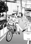  1girl :d ^_^ arm_around_waist arm_up bag basket bicycle bicycle_basket blank_speech_bubble building closed_eyes couple greyscale ground_vehicle hetero highres kneehighs lamppost light_frown loafers long_hair monochrome multiple_riders okano_hajime open_mouth original outdoors plant railing railroad_tracks real_world_location riding school_bag school_uniform shoes short_sleeves sidesaddle sidewalk skirt smile sneakers socks speech_bubble squiggle teeth tokyo_(city) train train_station tree twintails 