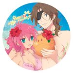  1girl bikini blue_eyes breasts brown_hair cleavage eyepatch feldt_grace flower gundam gundam_00 hair_flower hair_ornament halterneck haro hibiscus holding lockon_stratos long_hair medium_breasts neil_dylandy pink_hair plum_(arch) ponytail smile swimsuit 