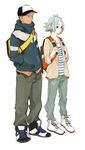  backpack bad_id bad_pixiv_id bag dark_skin dark_skinned_male denim fashion fubuki_shirou inazuma_eleven inazuma_eleven_(series) jacket jeans male_focus multiple_boys pants pink_hair shirt shoes sneakers someoka_ryuugo striped takara_kaori white_hair 