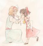  alice_margatroid annoyed hakurei_reimu multiple_girls torinone touhou traditional_media watercolor_(medium) younger 