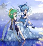  barefoot blue_eyes blue_hair bow cirno daiyousei green_eyes green_hair hair_bow ice mary_janes multiple_girls pointy_ears shoes short_hair skyspace touhou wings wrist_cuffs 