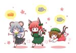  animal_ears bad_id bad_pixiv_id blush_stickers braid brown_hair cat_ears cat_tail cheese chen chibi dowsing_rod fang food fork grey_hair hat kaenbyou_rin knife mouse mouse_ears mouse_tail multiple_girls multiple_tails muu_rian nazrin red_eyes red_hair tail touhou twin_braids |_| 