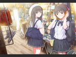  bag black_hair book bow brown_eyes cd fuyuno_haruaki glasses hat headphones instrument_case long_hair looking_back multiple_girls original pleated_skirt recursion ribbon school_uniform shoes shop skirt sneakers 